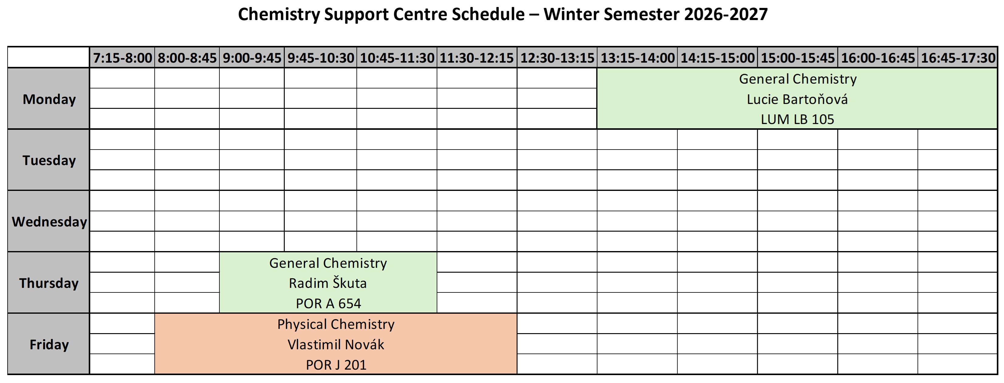 Chemistry Support Centre Schedule WS 2026-2027 Chemistry Support Centre Schedule WS 2026-2027